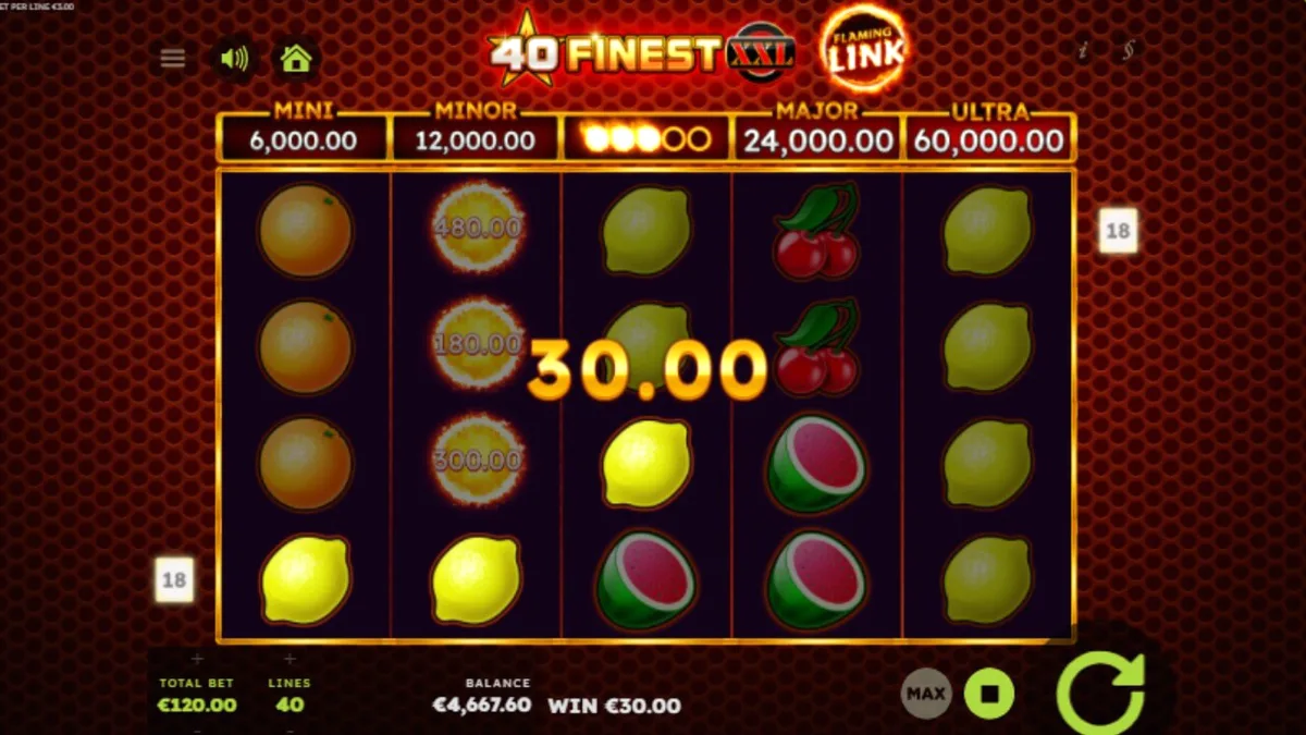 Tampilan antarmuka seluler slot 40 Finest XXL Flaming Link dengan simbol buah neon yang cerah.