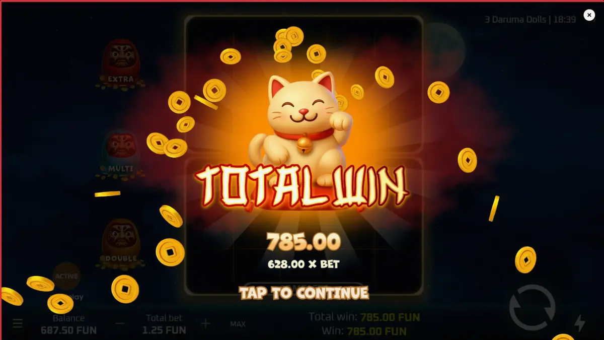 Tampilan visual slot 3 Daruma Dolls dengan latar belakang kuil Jepang yang mistis